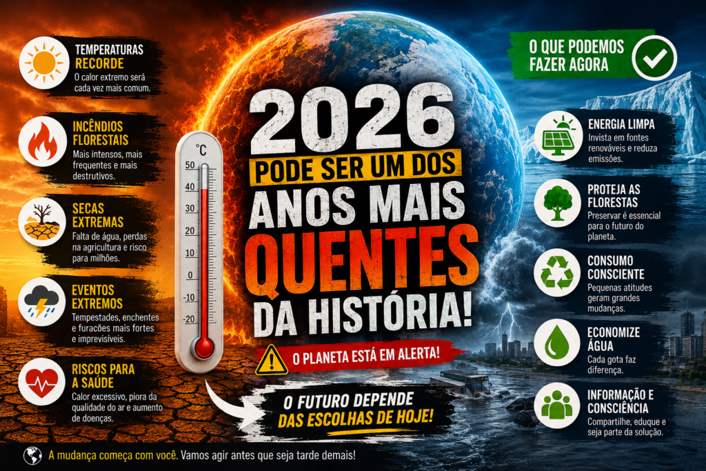 Infográfico sobre aquecimento global em 2026 mostrando temperaturas recordes, incêndios florestais, secas extremas, enchentes e soluções sustentáveis para combater as mudanças climáticas.