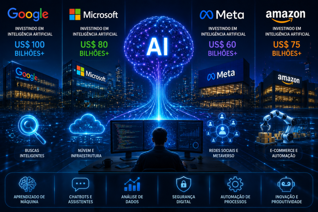Infográfico futurista mostrando Google, Microsoft, Meta e Amazon investindo bilhões em Inteligência Artificial com tecnologia avançada, automação e análise de dados.