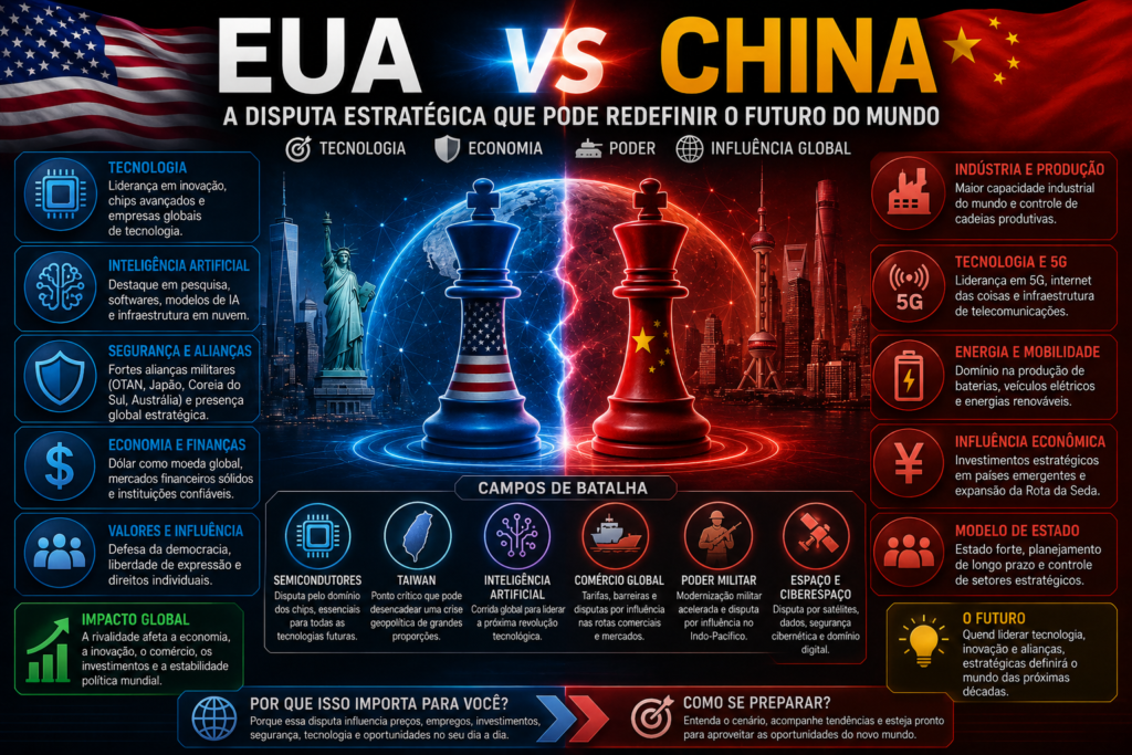 Infográfico sobre a rivalidade estratégica entre EUA e China mostrando disputa por inteligência artificial, tecnologia 5G, economia global, semicondutores e poder militar.